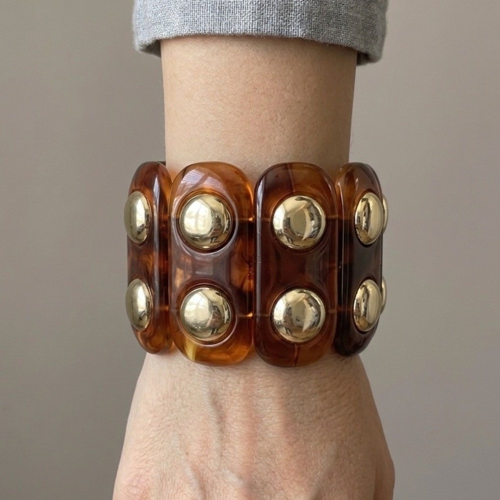 Tortoise Shell Stretch Bracelet Bangle Brown Gold Studded Luxury Maximalist